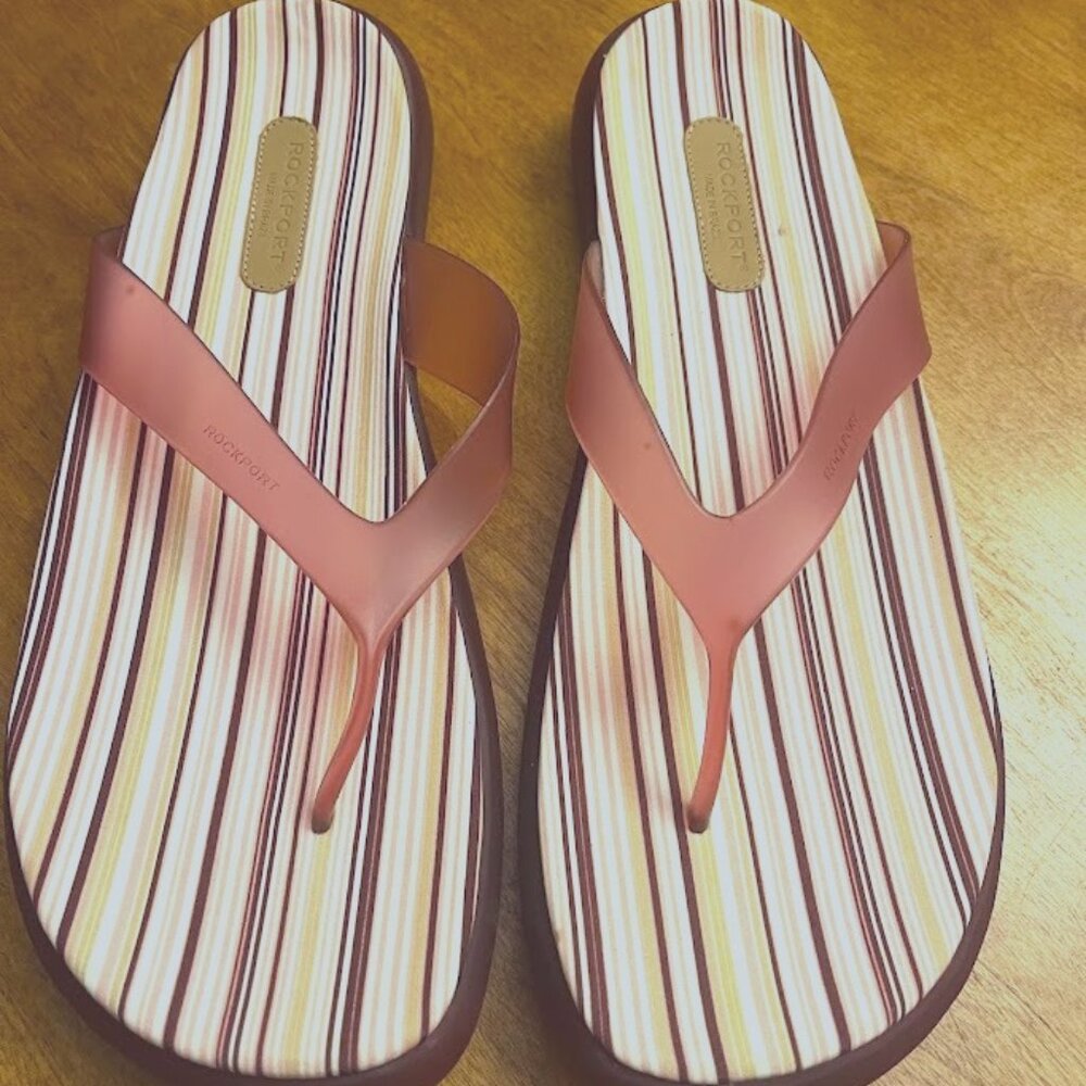 ROCKPORT New Women's 11 Flip Flops Hard Sole Wedge Pink‎ Stripe